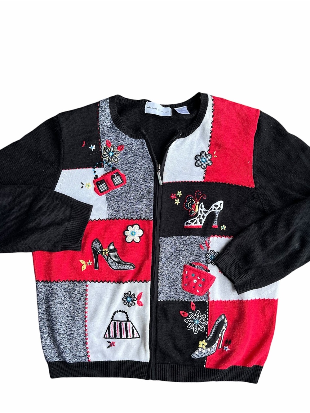 Alfred Dunner Black, Red & White Patchwork Embroidered Zip Cardigan